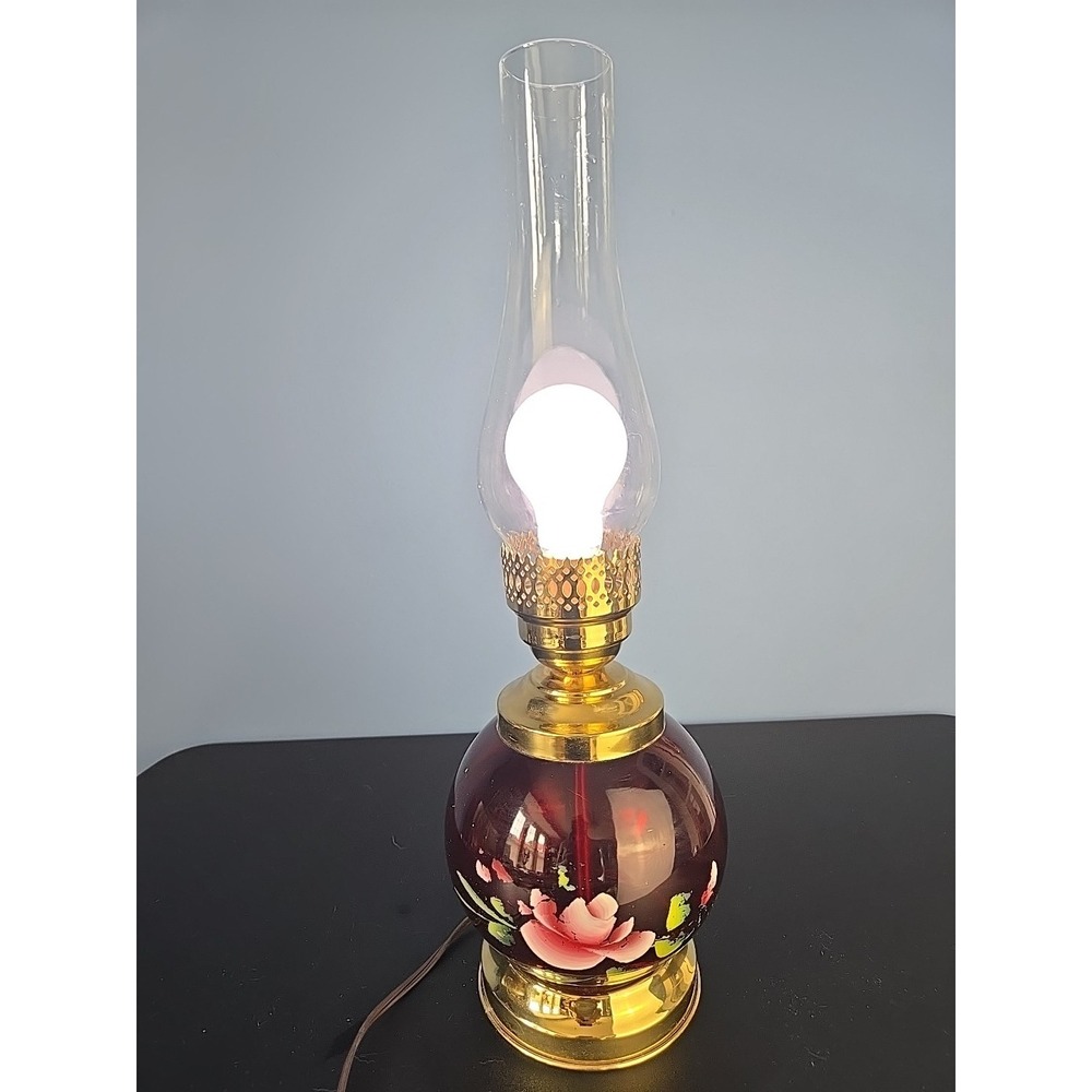 Vtg CRANBERRY RUBY RED Hand Painted GLASS Globe Hurricane LAMP BRASS BASE